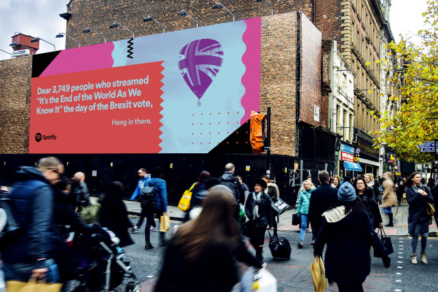 A spotify advertising poster which read - Dear 3,749 people who streamed "It's the end of the world as we know it" on the day of the Bexit vote... hang in there