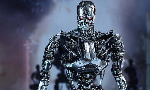 The Terminator is a terrifying metal skeleton with glowing red eyes.