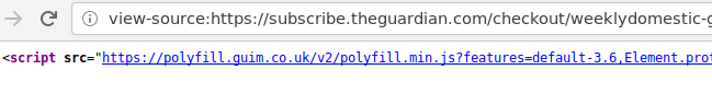 HTML source of The Guardian website. Polyfill is being loaded from their own CDN.