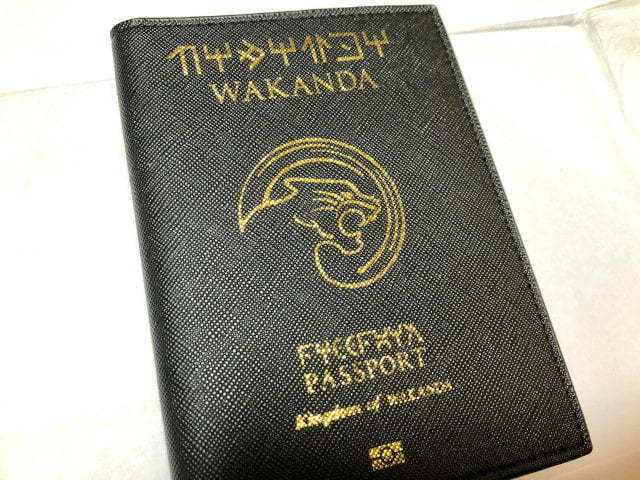 A mocked up passport which looks like it has been issued by the fictional country of Wakanda.