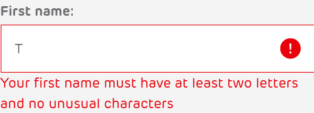 Screenshot of a form validation error - Your first name must have at least two letters and no unusual characters.