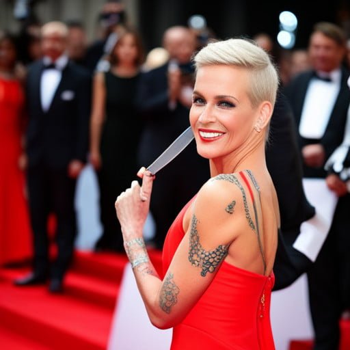 An AI generate image based on the text "Woman, celebrity, red dress, smiling, evil eyes, holding a knife, red carpet, arm tattoo."