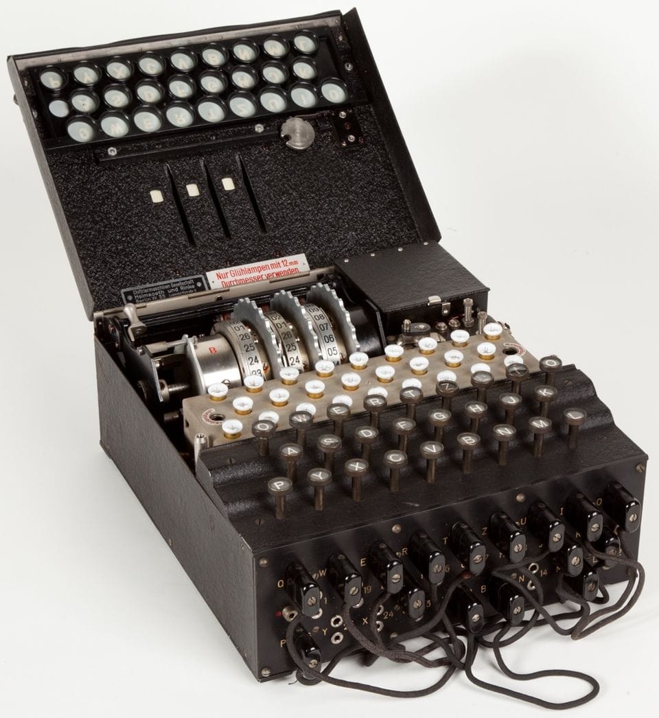 The Enigma machine. A typewriter with a complex mechanical set of rotors and electrical wiring. Photo by Museo Nazionale Scienza e Tecnologia Leonardo da Vinci. CC BY-SA.
